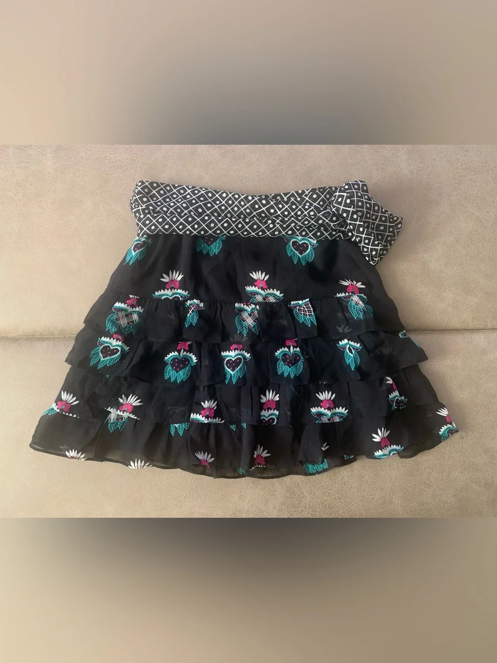 Vtg Y2K Celia Birtwell Express Black Heart Floral Silk Tiered Mini Skirt Size 2
